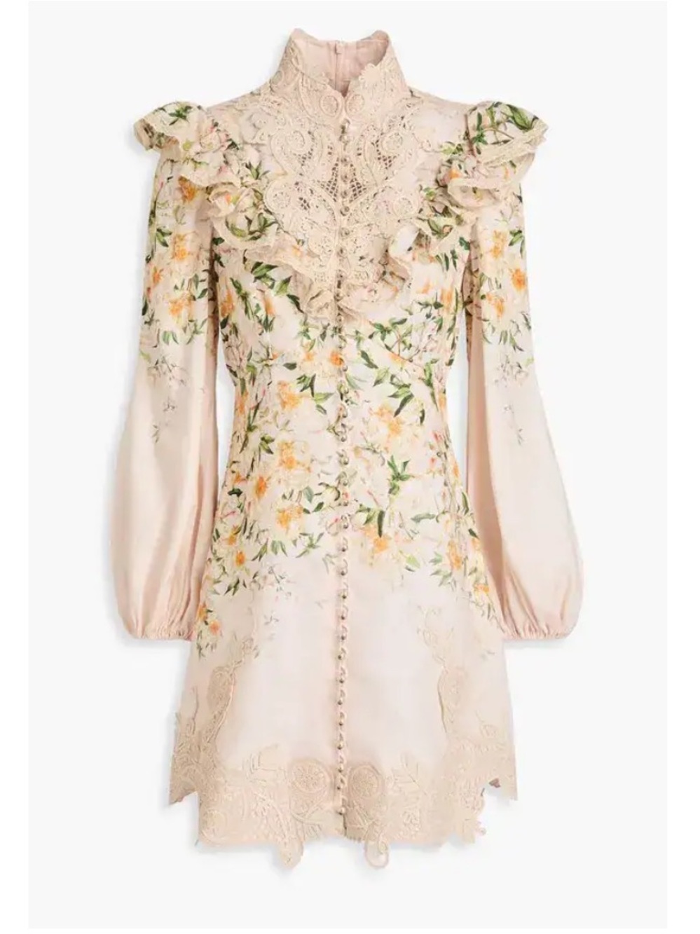 Zimmermann Blush Pink Floral Lace-Trim Long Sleeve Mini Dress size 1